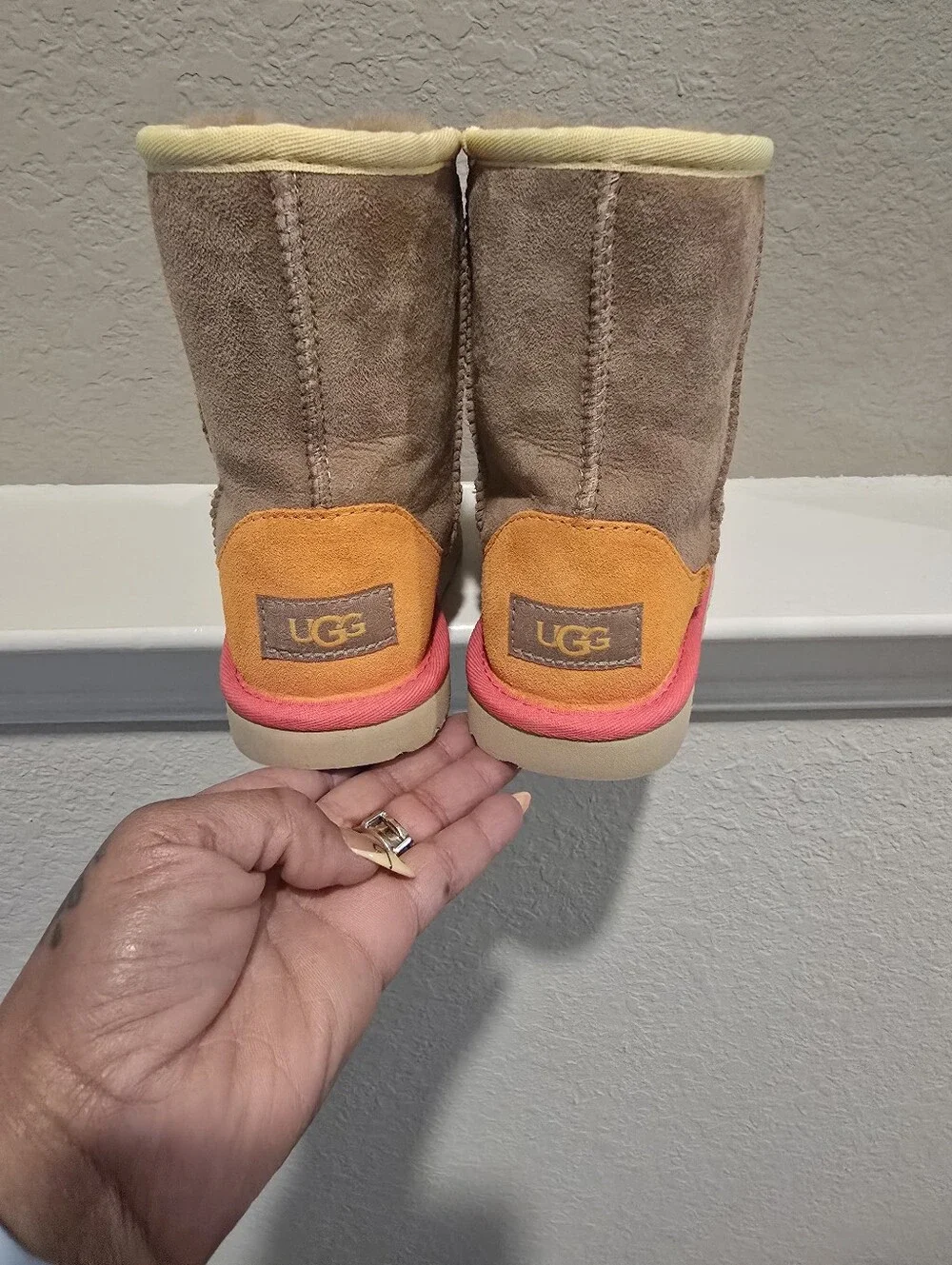 Ugg Kids Suede Shearling Boot - Tan with Pink Trim